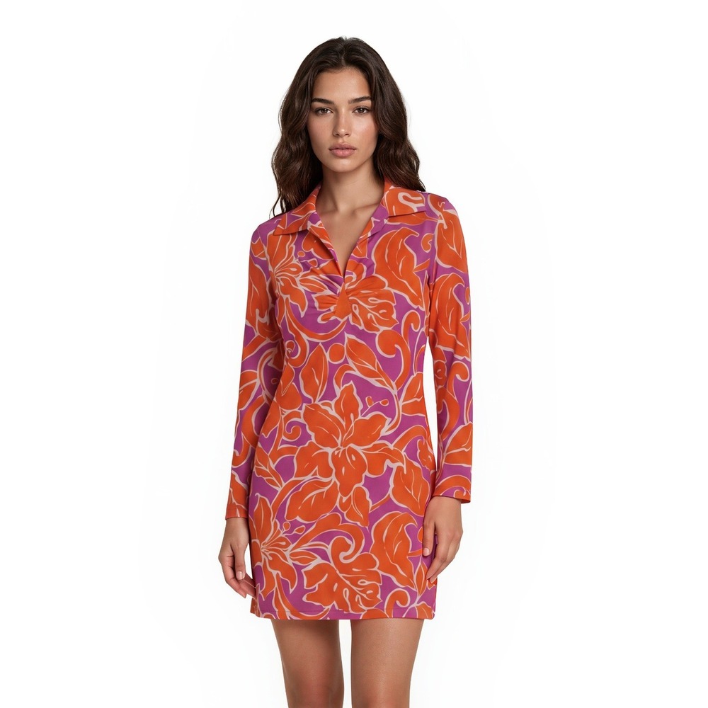 NEW Barbara Gerwit Dress Women's Size‎ Small Orange Purple Floral Twist Front